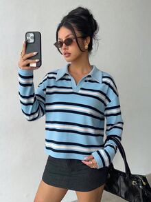 Aloruh 女款秋冬條紋 Polo 衫，復古 Y2K 風格休閒上衣，春季長袖秋季上衣 - 藍色 - 查看 1