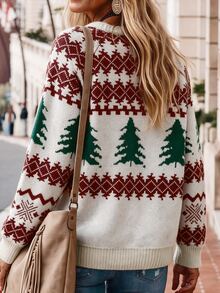 LanaWest Women's Christmas Tree Pattern Crew Neck Long Sleeve Casual Versatile Sweater - Apricot - View 2