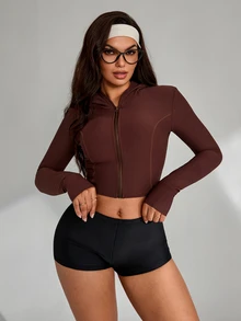 Slayform Women's Solid Color Casual Daily Long Sleeve Sports Jacket - Brown - View 1