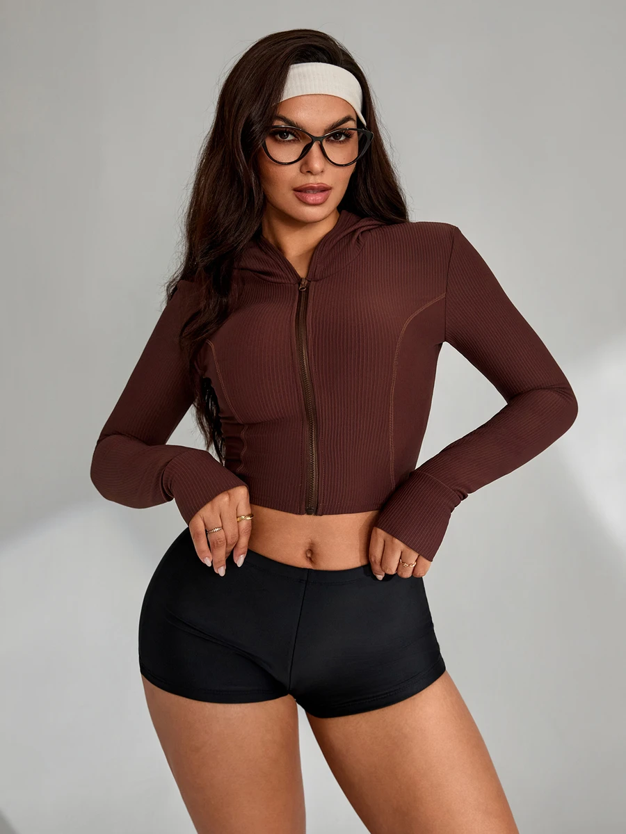 Slayform Women's Solid Color Casual Daily Long Sleeve Sports Jacket - Brown - View 1