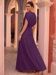 Anewsta 春夏新款女款純色彈性網紗柔軟細緻圓領抓褶設計長洋裝 - Bold Plum - 查看 2
