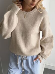 Livesso Petite Women's Solid Color Round Neck Drop Shoulder Long Sleeve Casual Sweater, Autumn/Winter - Khaki - View 2