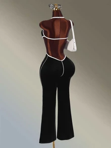 Amplova Women's Black Round Neck Tank Top Backless Long Flare Leg Jumpsuit - Black - View 1