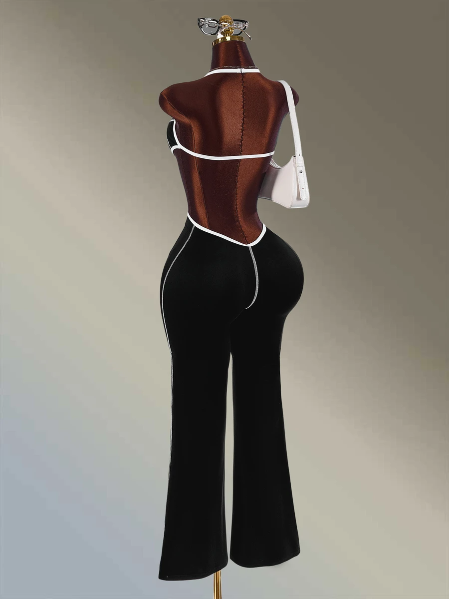 Amplova Women's Black Round Neck Tank Top Backless Long Flare Leg Jumpsuit - Black - View 1