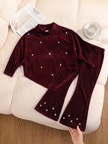 SHEIN Young Girl Knitted Solid Color Beaded Asymmetrical Hem Casual T-Shirt And Fitted Flare Pants 2 Pieces Set - Red - View 1