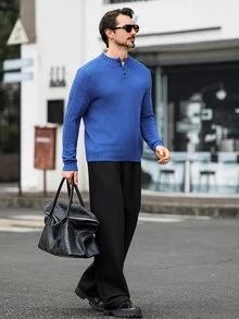 Marcello Vane 男士舒適半開襟鈕扣長袖針織衫 - 藍色 - 查看 5
