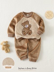 Cozy Pixies 男嬰卡通動物圖案抓絨內裡加厚圓領長袖套頭運動衫與鬆緊腰長褲2件套，舒適親膚百搭時尚簡約風格，適合室內、戶外、日常、運動、玩耍、派對、攝影、假期、聖誕節，小熊造型男嬰套裝 - 卡其色 - 查看 8