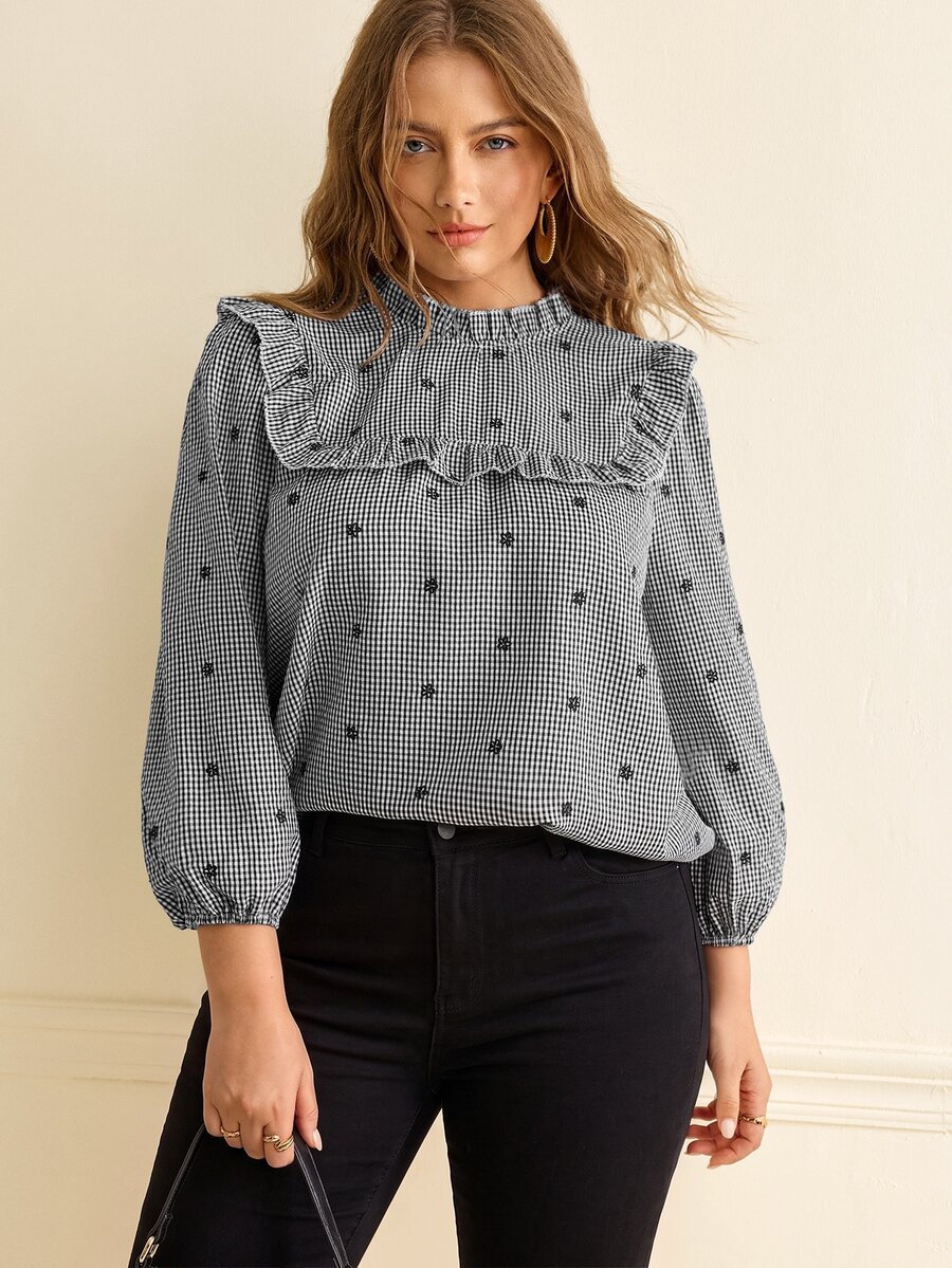 Écloséra Curve Plus Size Women's French Vintage Plaid Shirt, Woven Fabric, Ruffle Collar, Frill Trim, Embroidered Puff Long Sleeve Blouse - Black - View 1