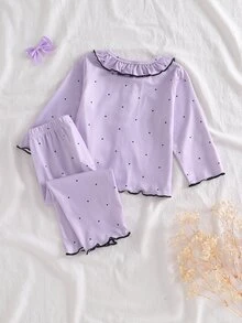 2件組女嬰居家服套裝，淺紫色波點開襟睡衣套裝，附荷葉邊飾與蝴蝶結，柔軟親膚長袖長褲女嬰休閒服 - 紫色 - 查看 2