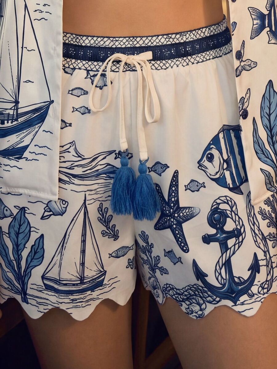 CAJUNI Women's Ocean Creature Print Drawstring Waist Shorts For Beach White And Blue Summer Casual Conservative Sexy - Blue and White - View 1