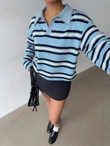 Aloruh 女款秋冬條紋 Polo 衫，復古 Y2K 風格休閒上衣，春季長袖秋季上衣 - 藍色 - 查看 3