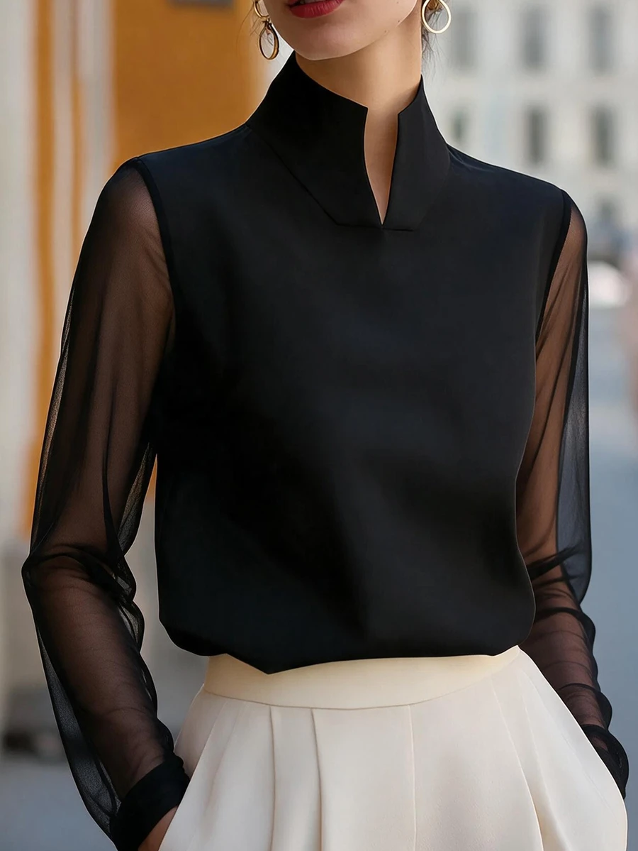 Omancia Women's Small Stand Collar Mesh Patchwork Sleeve Design Urban Commute Office Elegant Elegant Versatile Solid Color Blouse - Black - View 1