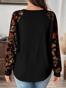 SHEIN LUNE Plus Size Women's Vacation Patchwork Floral Print Raglan Long Sleeve Round Neck T-Shirt - Multicolor - View 2