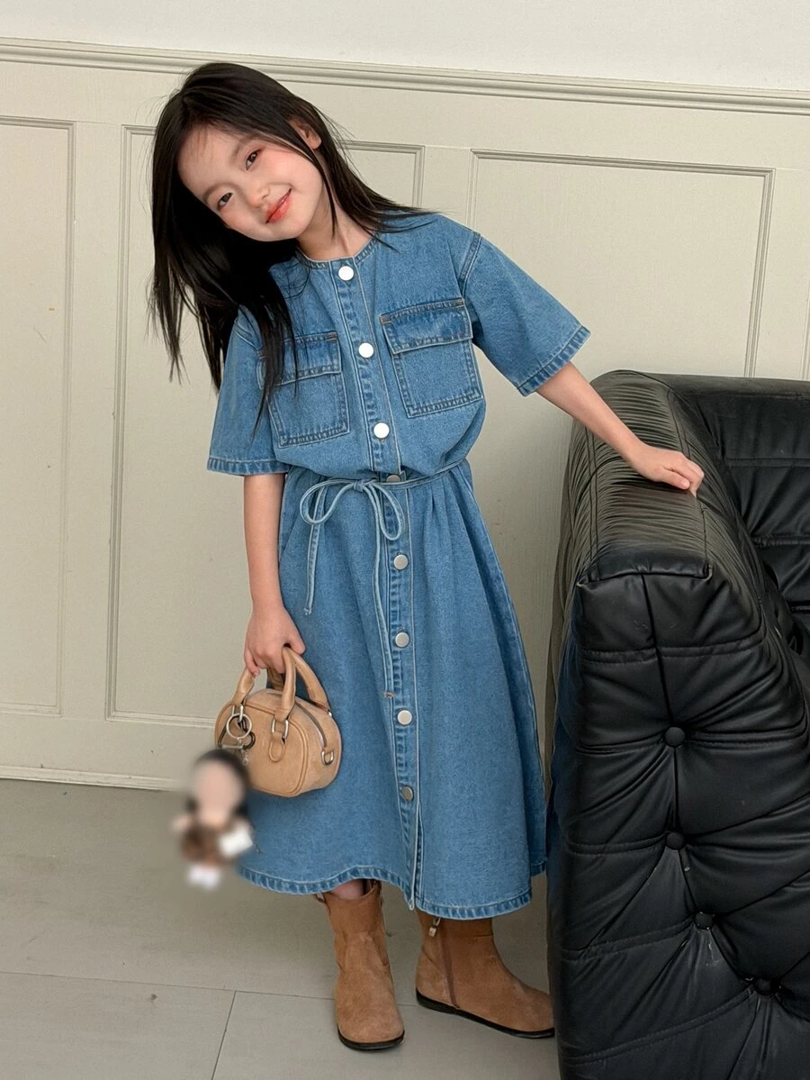 Dazy Kids Tween Girl) Denim Round Neck Long Sleeve Denim Short Sleeve Casual Washed Dress - Medium Wash - View 1