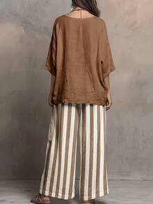 Linhara CURVE Plus Size Women's Casual Top & Striped Wide Leg Pants Two Pieces Outfit Women Loose Everyday Chic Co-Ord Set - Multicolor - View 2