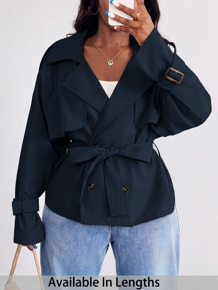 SHEIN PETITE CURVE 大尺碼女款純色插肩袖翻領休閒風衣,秋冬季 - 藏蓝色 - 查看 1
