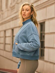 Voyena Women's Plus Size Zipper Pocket Long Sleeve Sports Sweatshirt - Teal Blue - View 5