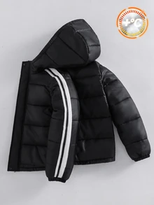 SHEIN 兒童青少年男孩保暖內裡加厚黑色夾克，秋冬款，絎縫外套，冬季外套，派克大衣，填充外套，填充外套，絎縫外套 - 黑色 - 查看 2