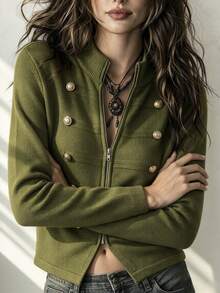 SHEIN Women's Double-Breasted Casual Versatile Daily Wear Cardigan - Olive Green - View 6