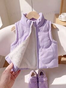 SHEIN Playful Pals 1件粉色立領無袖拉鍊抓絨背心，適合女嬰，適用於休閒外出、玩耍、拍照或舒適冬季百搭外套 - 淡紫色 - 查看 1