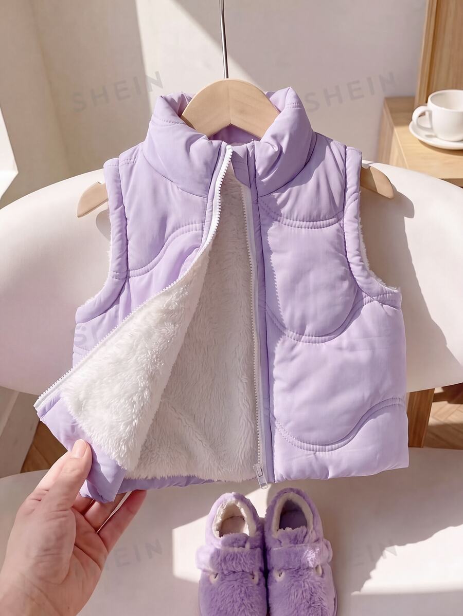 SHEIN Playful Pals 1件粉色立領無袖拉鍊抓絨背心,適合女嬰,適用於休閒外出、玩耍、拍照或舒適冬季百搭外套 - 淡紫色 - 查看 1