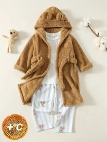 SHEIN Young Boy Comfortable Cute Cartoon Bear Hooded Open Front Fleece Lounge Wear - Brown - View 1