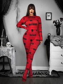 Whyspr BATMAN X SHEIN Plus Size Women's Letter Print Long Sleeve Casual Jumpsuit - Multicolor - View 6
