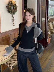 DAZY Sweater Rajut Berkerah Lengan Panjang Slim Fit Warna Hitam & Abu-abu 2 in 1 untuk Musim Gugur/Dingin, Cocok untuk Kencan dan Aktivitas Sehari-hari, Kasual Manis untuk Wanita - Hitam - View 7