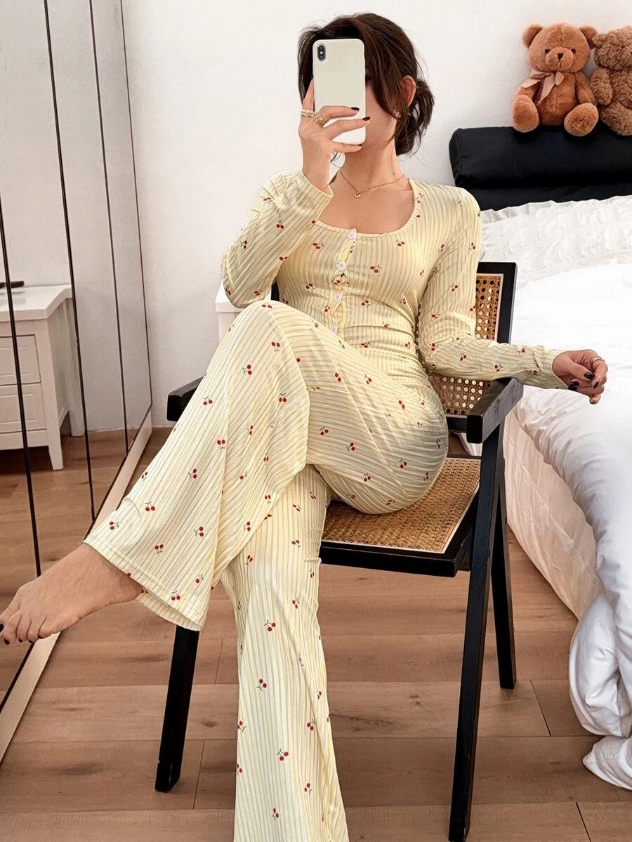 Napfluff Sexy Style Design Long Sleeve Jumpsuit Cherry Print Cinched Waist Loungewear - Yellow - View 1