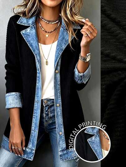 Linhara CURVE Fashionable Women's Faux Denim Effect Patchwork Ribbed Knit Cardigan, Lapel Collar Long Sleeve Open Front Design, Mixed Material Loose Fit, Casual, Suitable For Autumn Daily Streetwear Plus Size Women's Jacket