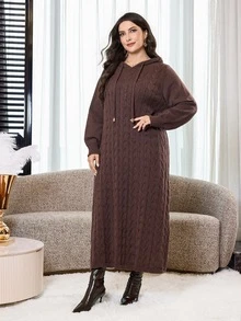 Feyla Plus Size Drawstring Long Sleeve Minimalist Hooded Sweater Dress - Coffee Brown - View 3