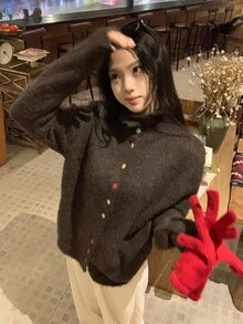 DAZY Women's Solid Color Korean Style Autumn/Winter Cardigan - Black - View 4