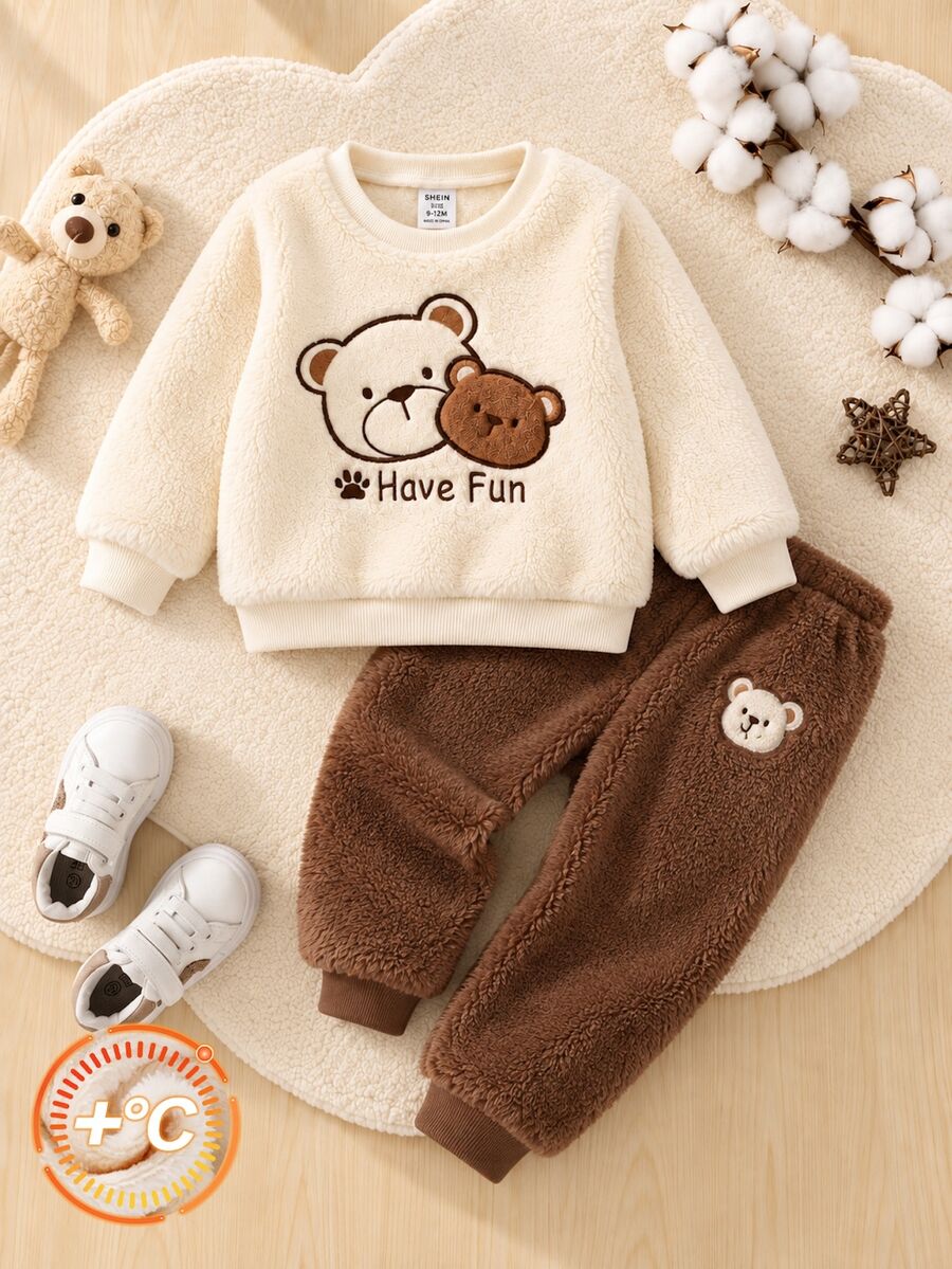 SHEIN 嬰兒/幼兒秋冬保暖內裡刺繡圓領長袖運動衫 - 杏色 - 查看 1