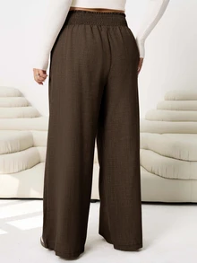 SHEIN CURVE+ Plus Size Women Solid Color Shirred Waist Wide Leg Loose Pants Fall - Coffee Brown - View 2