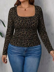 EMERY ROSE Vintage Leopard Print Casual Minimalist Plus Size Square Neck T-Shirt, Suitable For Autumn Outfits Fall - Multicolor - View 4