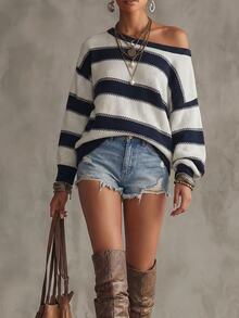 SHEIN Women's New Autumn/Winter Fashion Cold Shoulder Contrast Color Striped Knit Sweater - Blue - View 3