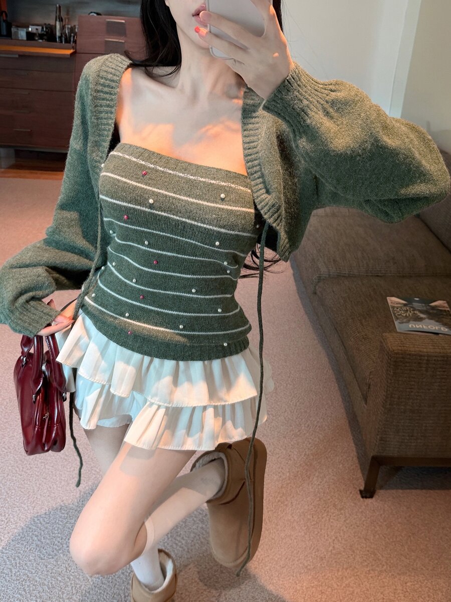 DAZY 2PCS Women Sweater Co-Ords - Dark Green - View 1