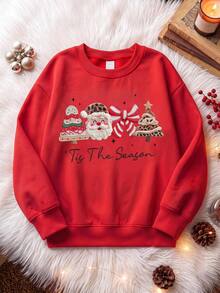 SHEIN EZwear 秋季新款聖誕老人印花圖案圓領長袖寬鬆加厚女款衛衣，適合假期、秋季上衣，適用於日常通勤、約會、聚會，秋冬春夏、聖誕節、新年、感恩節、派對、新年 - 紅色 - 查看 3