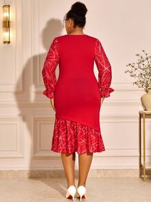 BrightlyHer Plus Size Red Ruffle Asymmetrical Ruffle Trim Round Neck Long Sleeve Dress Elegant Formal Fall Winter 2026 Christmas Party Evening - Red - View 4