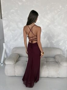 Aloruh Women's Solid Color Pleated Fitted Elegant Spaghetti Strap Dress - Bold Plum - View 8