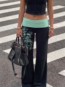 Attitoon 女款休閒拼接撞色百搭日常長褲，青色腿部印花圖案，街頭酷感高端極簡機車風工裝褲，時尚Y2K現代都市商務女裝辦公通勤穿搭，低調老錢風優雅高端機場造型 - 彩色 - 查看 6