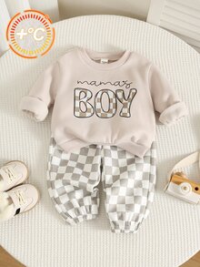 SHEIN 2pcs Baby Boy Checkerboard Pattern Sweatshirt & Sweatpants Set, Infant Outfit, Autumn/Winter Sports Set - Multicolor - View 6