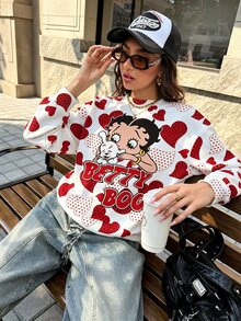 Betty Boop x SHEIN Women's Cartoon Print Long Sleeve Fashion Sweatshirt - White - View 1