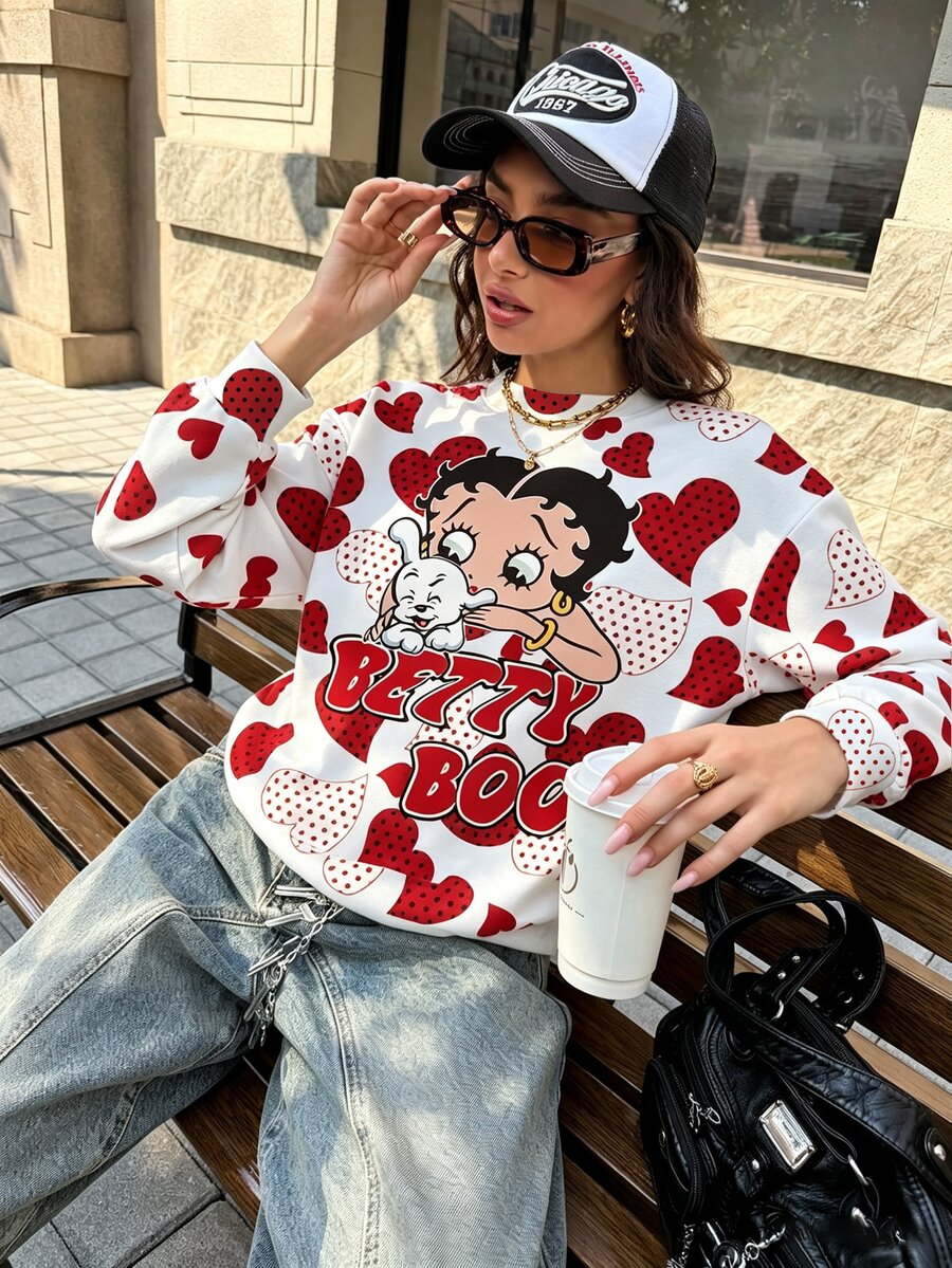 Betty Boop x SHEIN Women's Cartoon Print Long Sleeve Fashion Sweatshirt - White - View 1