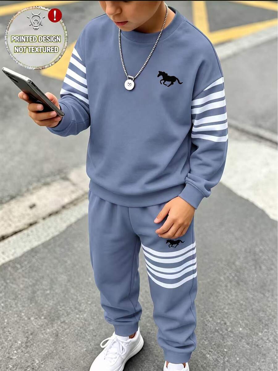 大童男孩動物圖案拼色運動衫與長褲休閒日常穿搭套裝 - 彩色 - 查看 1