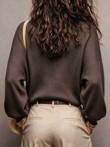 SHEIN Women V-Neck Button Front Knit Cardigan, Long Sleeve Drop Shoulder Puff Cuff Loose Solid Knit Sweate - Coffee Brown - View 2