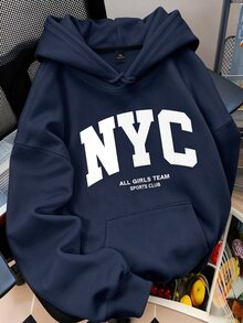 SHEIN MOOSTA 大尺碼女款「NYC ALL GIRLS TEAM SPORTS CLUB」城市名稱標語字母圖案印花保暖抽繩運動衫，適合冬季與秋冬 - 藏蓝色 - 查看 3