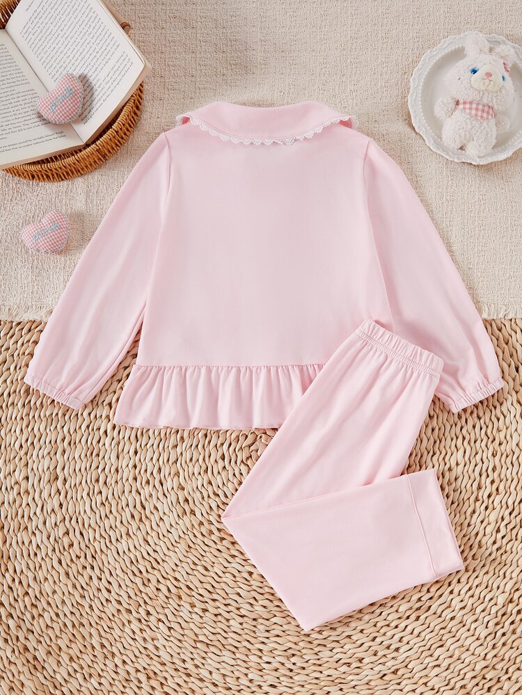 Setelan 2 Potong untuk Anak Perempuan Musim Gugur/Dingin, Bordir Saku Kelinci Lucu, Kerah Peter Pan Renda Putih Halus, Hem Berumbai Elegan, Kardigan Merah Muda, Lengan Panjang, Celana Panjang, Pakaian Santai - Berwarna merah muda - View 2
