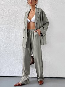 Aveloria Modichic 女款套裝 大廓型紋理皺褶西裝領雙排扣抽繩彈性寬腿褲 現代灰色純色優雅女套裝 - 灰色 - 查看 4