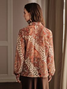 Anewsta Women's Unique Polka Dot & Floral Print Elegant Vacation Long Sleeve Button-Down Shirt - Orange - View 7